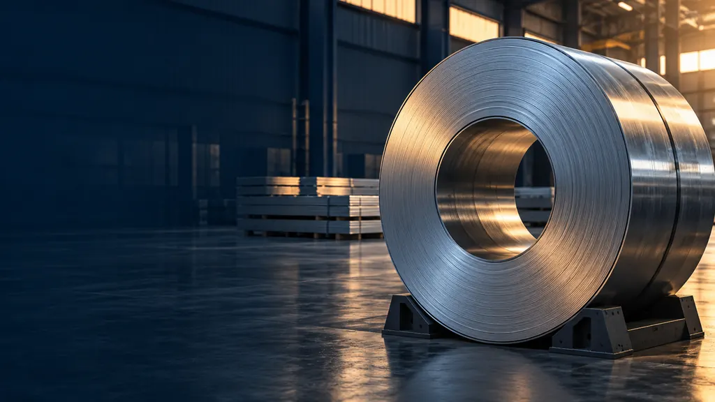 Illustration: a steel coil resting on a support in a warehouse.